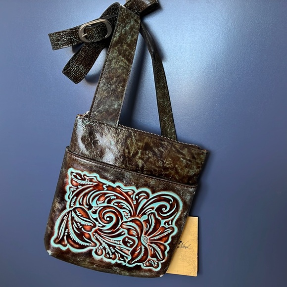 NWT Patricia Nash Stipes Sling Crossbody Tooled Turqouise Leather Bag - Picture 3 of 9